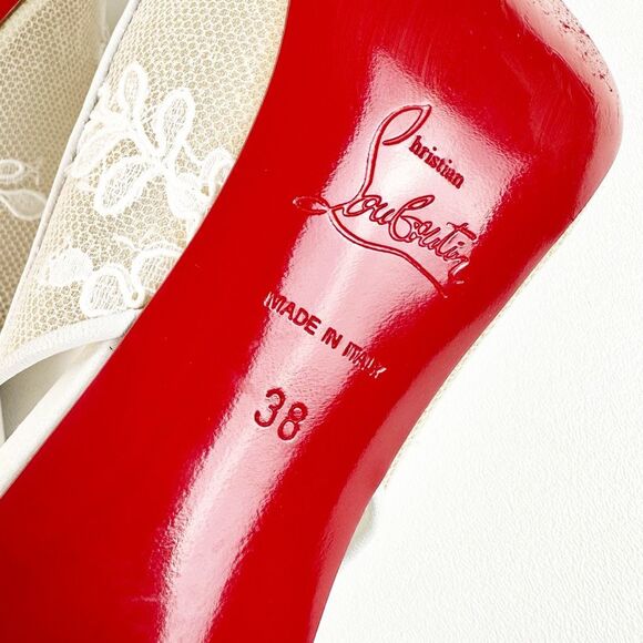 CHRISTIAN LOUBOUTIN White Kate Lace Pumps Size 38 US 8 Lace Up Satin Trim Heels - Picture 13 of 15